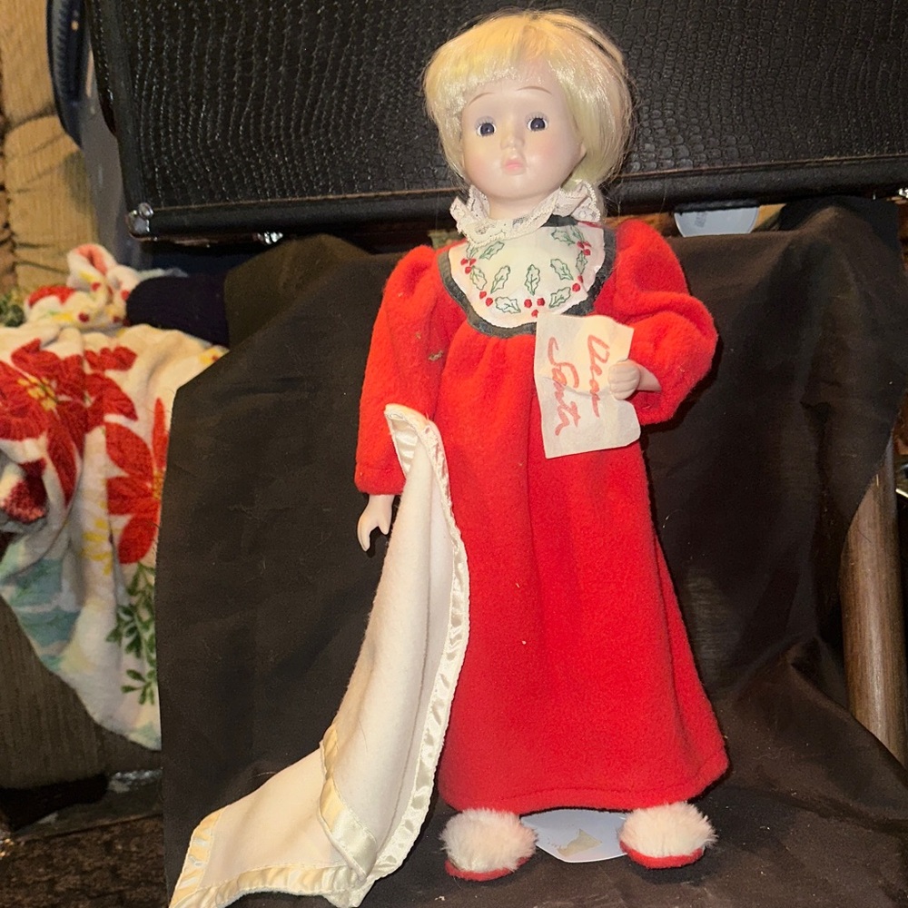 Vintage Porcelain Doll in Red Dress